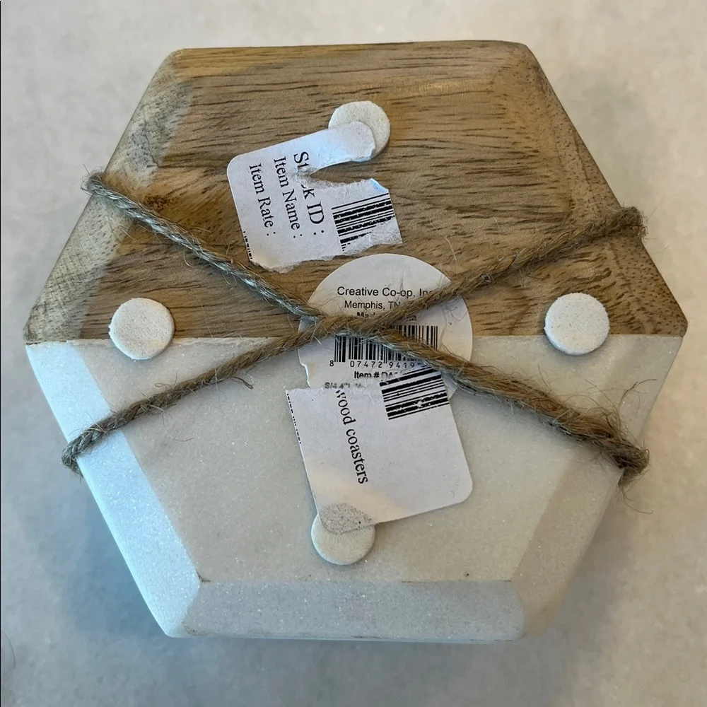 Marble and Wood Coasters Hexagon Set of 4 NWT